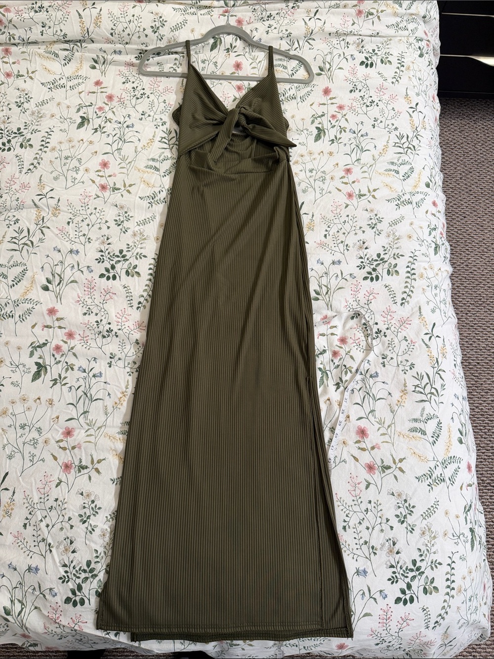 Olive Green Ribbed Maxi Dress with Front Knot Detail